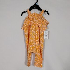 NWT Volcom Baby Girl Apricot Floral Romper With Bucket Hat Size 3/6 Months Linen